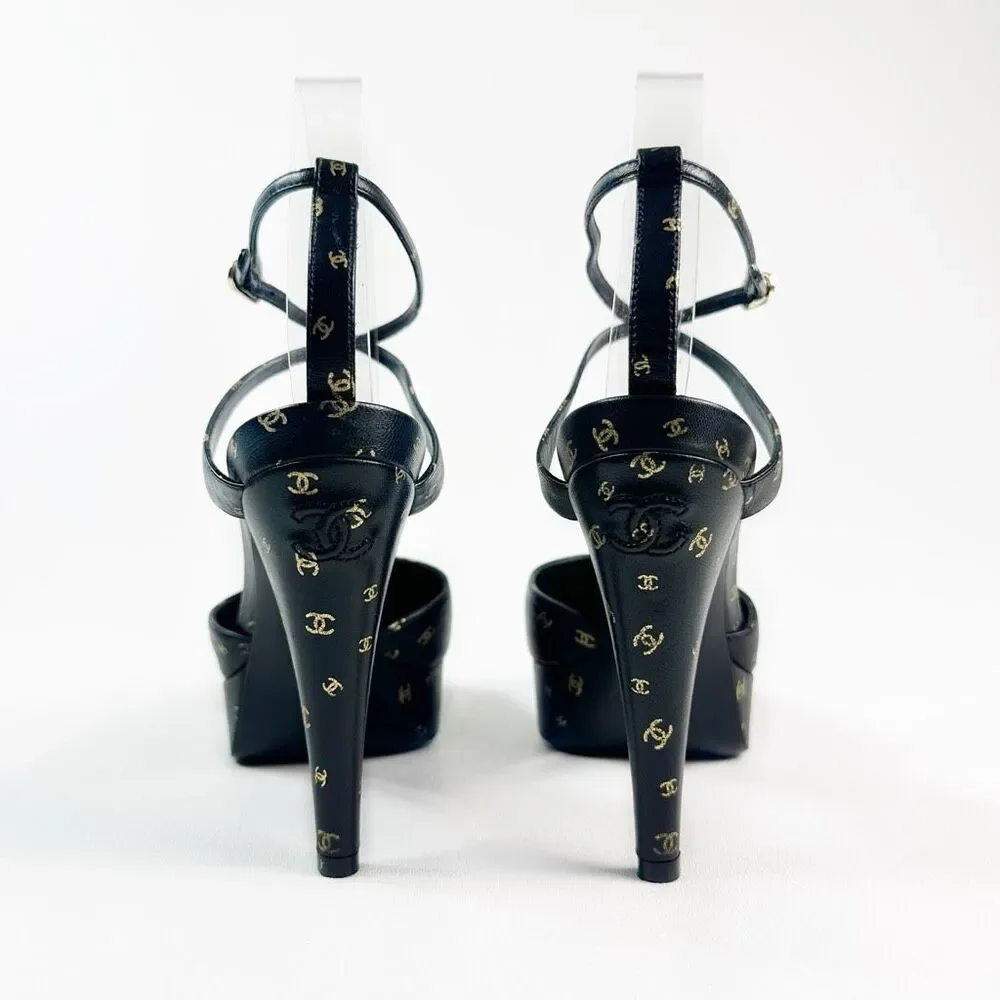 CHANEL 2023 All Over Interlocking CC Logo Black Heels Size 38 Platform Cap Toe